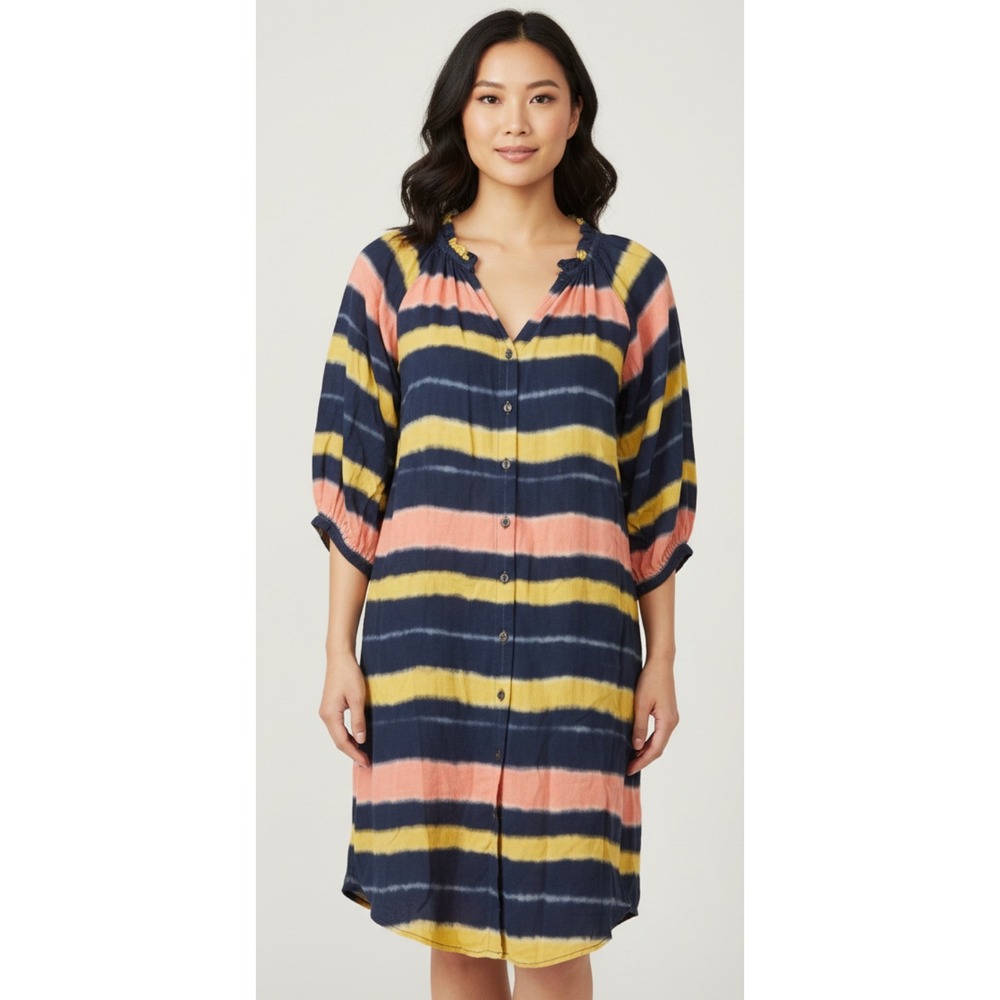 Plaid Tie Dye Button‎ Front Shirt Dress Coral Yellow Navy Size 4